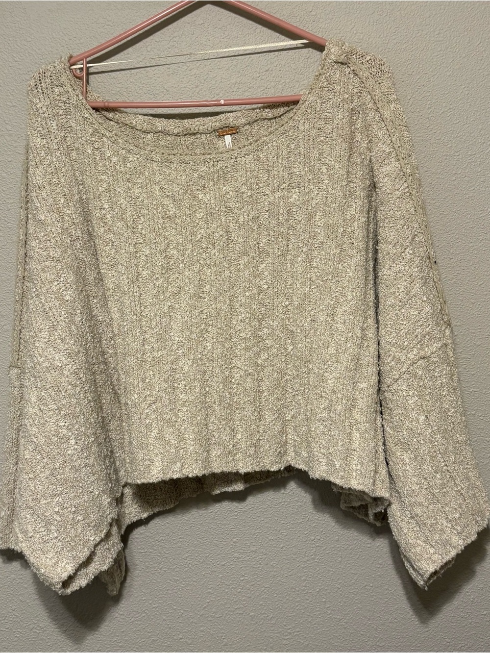 Free People Light Cream Textured Cropped Scoop Sweater